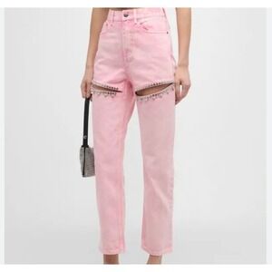 Good American Good Icon Straight Jeans Crystal Fringe Cutout Pink 2/26 NEW